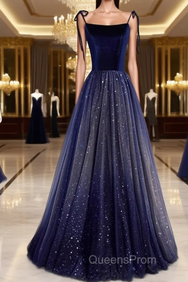 Shining Navy Blue Suede Fine Shoulder Strap Sleeveless Off Shoulder Evening Dress With Navy Blue A-Line Princess Sequin Backless And Ground Length Ruffled Edge For Evening Dress Main image