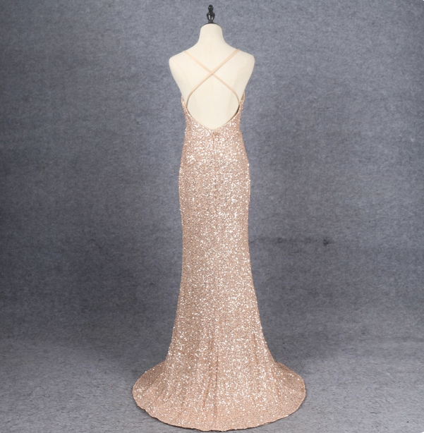 Shining Rose Gold Mermaid Spaghetti Strap V-Neck Slit Sequin Long Classy Prom Dress