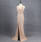 Shining Rose Gold Mermaid Spaghetti Strap V-Neck Slit Sequin Long Classy Prom Dress