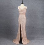 Shining Rose Gold Mermaid Spaghetti Strap V-Neck Slit Sequin Long Classy Prom Dress