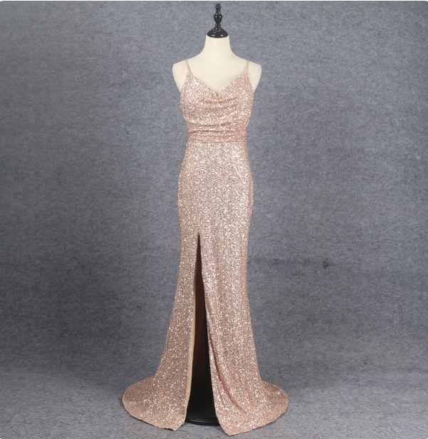 Shining Rose Gold Mermaid Spaghetti Strap V-Neck Slit Sequin Long Classy Prom Dress