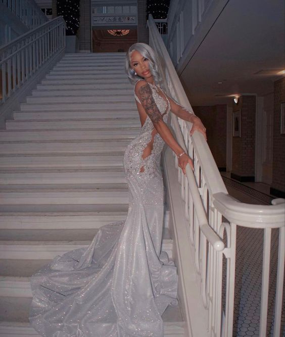 Shining Silver Mermaid Long Sleeves Classy Prom Dress