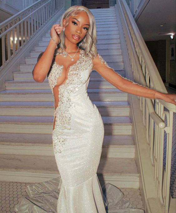 Shining Silver Mermaid Long Sleeves Classy Prom Dress