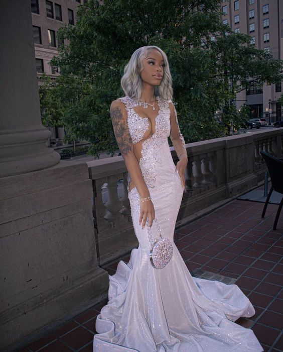 Shining Silver Mermaid Long Sleeves Classy Prom Dress Main image