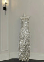 Shining Silver-White Slim-Fit Tube Top Sequined Tassel Long Classy Prom Dress