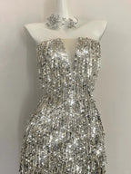 Shining Silver-White Slim-Fit Tube Top Sequined Tassel Long Classy Prom Dress
