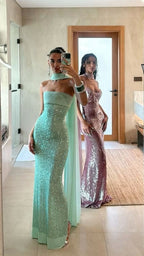 Shinning Mermaid Strapless Green Sequin Classy Prom Dress Party Dress 18Th Birthday Outfits Graduation Dress