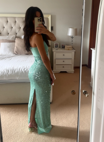 Shinning Mermaid Strapless Green Sequin Classy Prom Dress Party Dress 18Th Birthday Outfits Graduation Dress