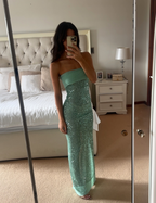 Shinning Mermaid Strapless Green Sequin Classy Prom Dress Party Dress 18Th Birthday Outfits Graduation Dress