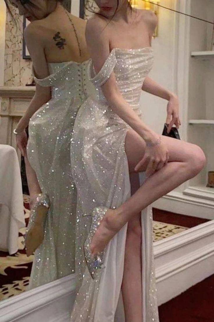Shinny High Slit Women Classy Evening Party Classy Prom Gowns