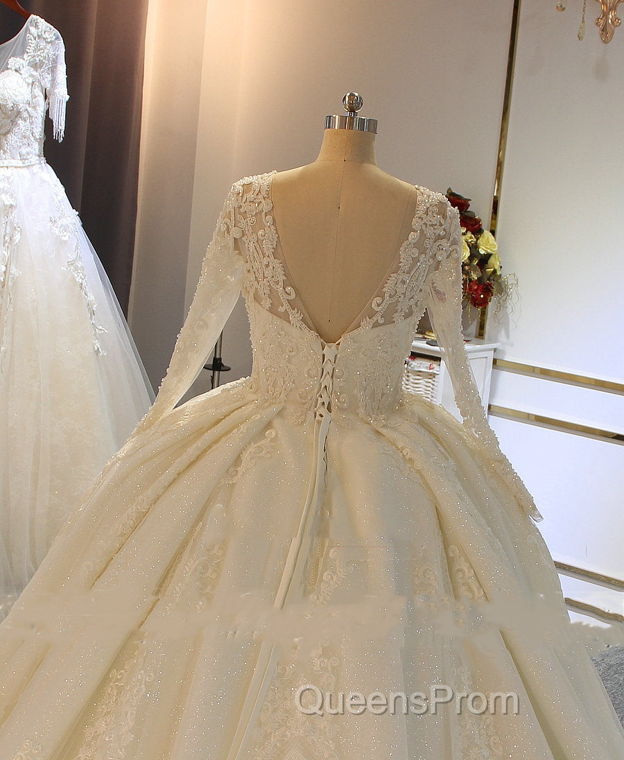 Shinny Long A-line Full Beading Lace-Up Wedding Dress with Sleeves Secondary image