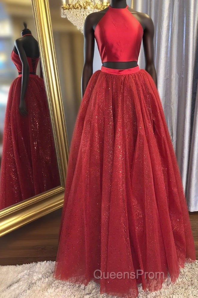 Shiny 2 Pieces Halter Neck Red Long Evening Prom Dress, Two Pieces Red Formal Graduation Evening Dress Main image