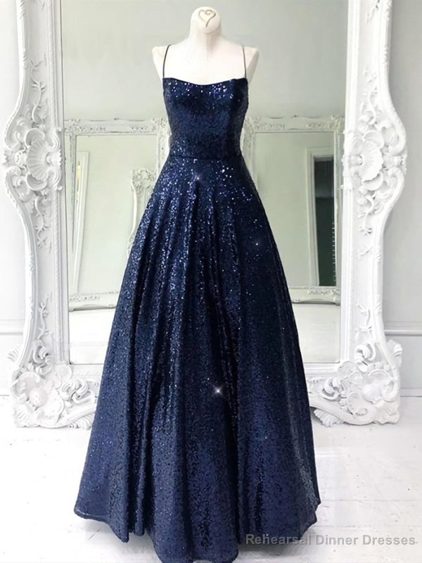 Shiny A Line Open Back Navy Blue Long Formal Evening Dress Main image