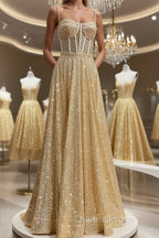 Shiny A Line Spaghetti Straps Gold Evening Prom Dress Long, Sweetheart Neck Golden Formal Dress, Gold Tulle Evening Dress WT1856