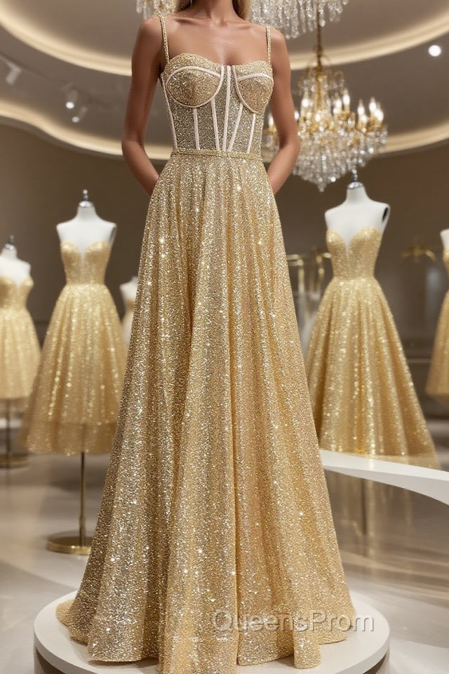 Shiny A Line Spaghetti Straps Gold Evening Prom Dress Long, Sweetheart Neck Golden Formal Dress, Gold Tulle Evening Dress WT1856