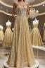 Shiny A Line Spaghetti Straps Gold Evening Prom Dress Long, Sweetheart Neck Golden Formal Dress, Gold Tulle Evening Dress WT1856
