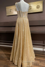 Shiny A Line Spaghetti Straps Gold Evening Prom Dress Long, Sweetheart Neck Golden Formal Dress, Gold Tulle Evening Dress WT1856