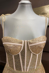 Shiny A Line Spaghetti Straps Gold Evening Prom Dress Long, Sweetheart Neck Golden Formal Dress, Gold Tulle Evening Dress WT1856