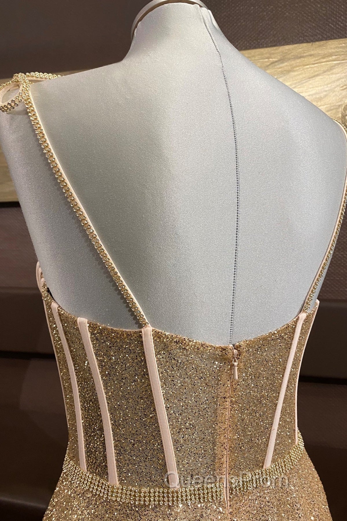 Shiny A Line Spaghetti Straps Gold Evening Prom Dress Long, Sweetheart Neck Golden Formal Dress, Gold Tulle Evening Dress WT1856