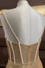 Shiny A Line Spaghetti Straps Gold Evening Prom Dress Long, Sweetheart Neck Golden Formal Dress, Gold Tulle Evening Dress WT1856