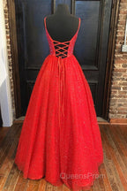 Shiny A Line V Neck Black Red Long Evening Prom Dress, V Neck Backless Long Formal Evening Dress