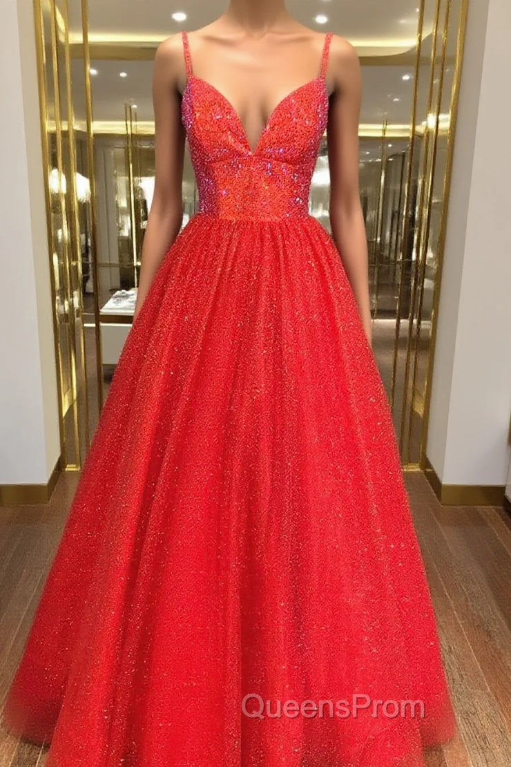 Shiny A Line V Neck Black Red Long Evening Prom Dress, V Neck Backless Long Formal Evening Dress Main image