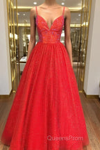 Shiny A Line V Neck Black Red Long Evening Prom Dress, V Neck Backless Long Formal Evening Dress