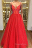 Shiny A Line V Neck Black Red Long Evening Prom Dress, V Neck Backless Long Formal Evening Dress