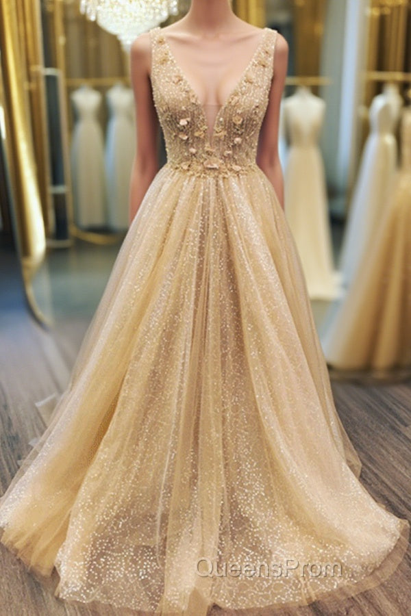 Shiny A Line V Neck Champagne Flowers Long Evening Prom Dress, Champagne V Neck Long Formal Evening Dress Main image