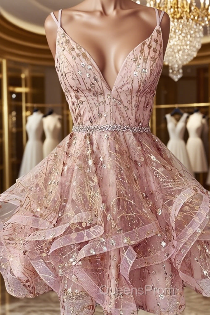 Shiny A Line V Neck Short Champagne Lace Evening Prom Dress, Short Champagne Lace Formal Homecoming Dress