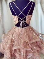 Shiny A Line V Neck Short Champagne Lace Evening Prom Dress, Short Champagne Lace Formal Homecoming Dress