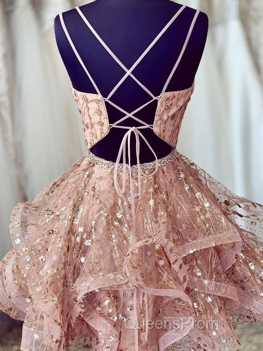 Shiny A Line V Neck Short Champagne Lace Evening Prom Dress, Short Champagne Lace Formal Homecoming Dress