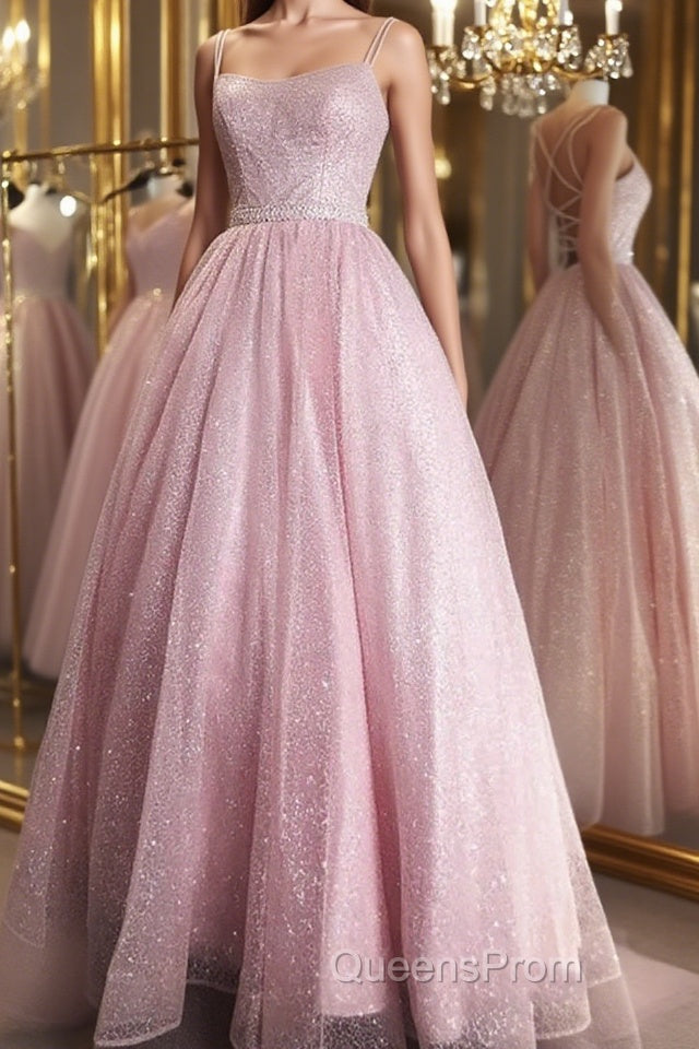 Shiny Backless Pink Sequins Long Evening Prom Dress, Pink Formal Evening Dress, Sparkly Ball Gown Main image