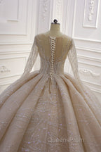 Shiny Ball Gown Tulle Jewel Long Sleevess Ruffless Wedding Dress