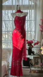 Shiny Beaded Red Mermaid Chiffon Evening Gown Prom Dress