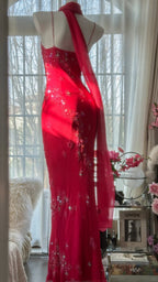 Shiny Beaded Red Mermaid Chiffon Evening Gown Prom Dress