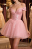 Shiny Beadings Off the Shoulder Pink Short Homecoming Evening Prom Dress, Off Shoulder Pink Beaded Formal Graduation Evening Dress