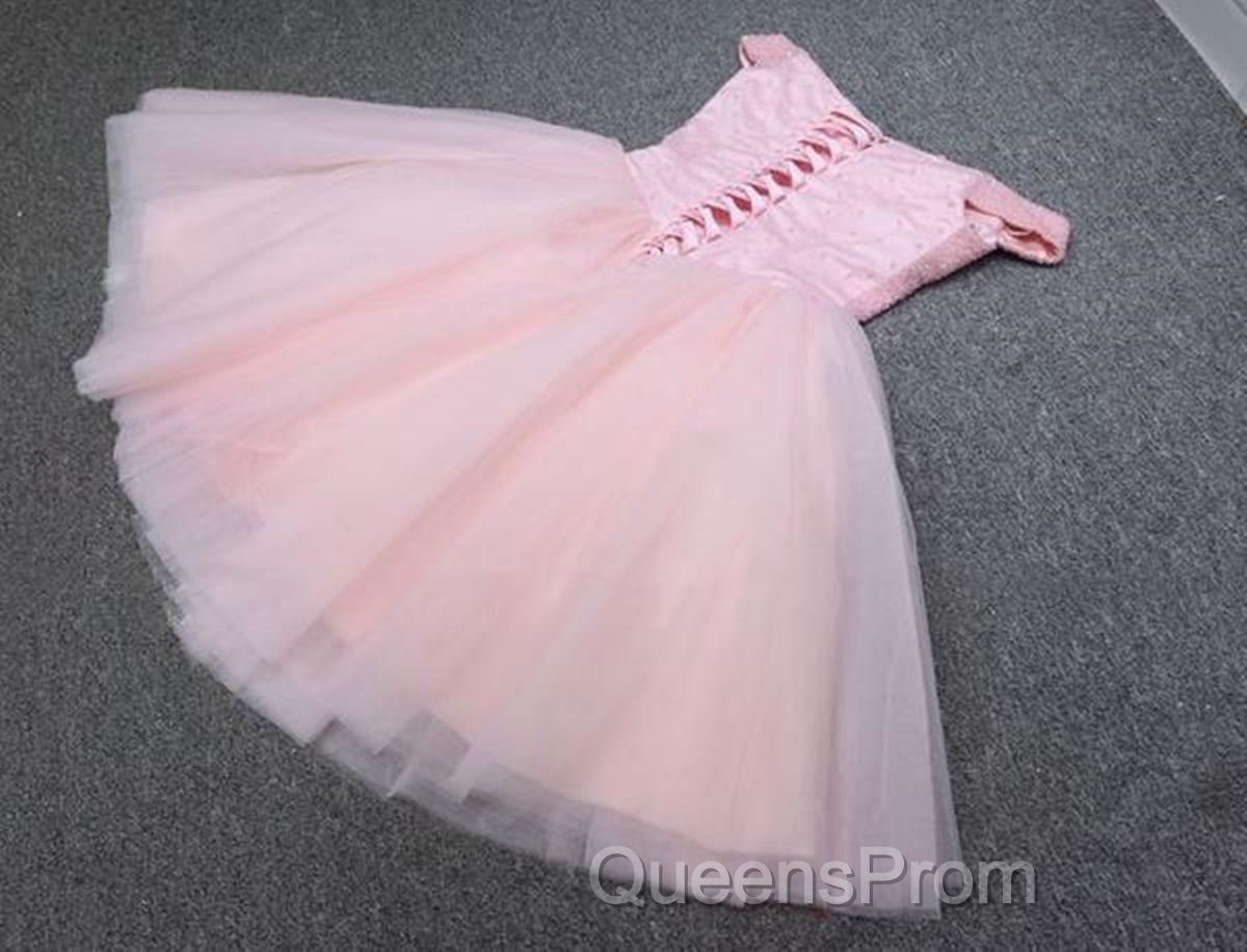Shiny Beadings Off the Shoulder Pink Short Homecoming Evening Prom Dress, Off Shoulder Pink Beaded Formal Graduation Evening Dress Secondary image