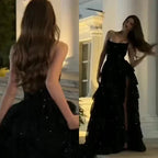Shiny Black Strapless A-Line Sequin Slit Long Classy Prom Dress Classy Evening Gowns