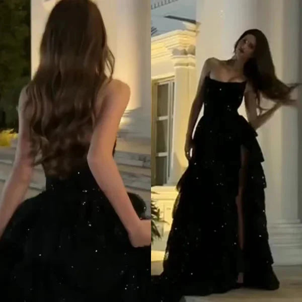 Shiny Black Strapless A-Line Sequin Slit Long Classy Prom Dress Classy Evening Gowns