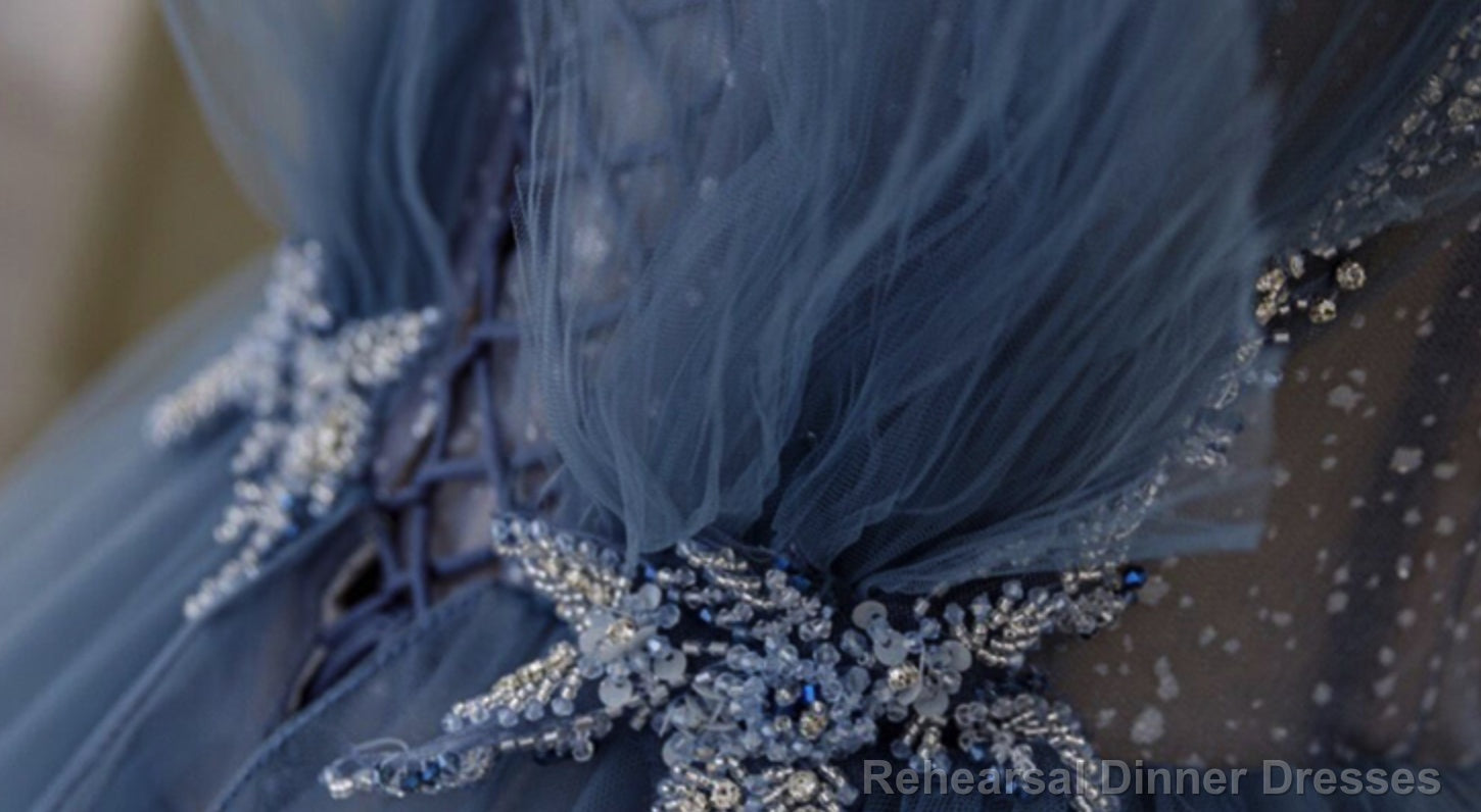 Shiny Blue Beaded Puffy Long Prom Dresses, Blue Beaded Long Formal Graduation Dresses