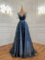 Shiny Blue Beaded Puffy Long Prom Dresses, Blue Beaded Long Formal Graduation Dresses