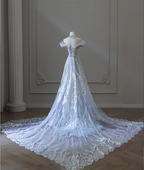 Shiny Blue Mermaid Rhinestone Lace Tulle Wedding Dress with Train