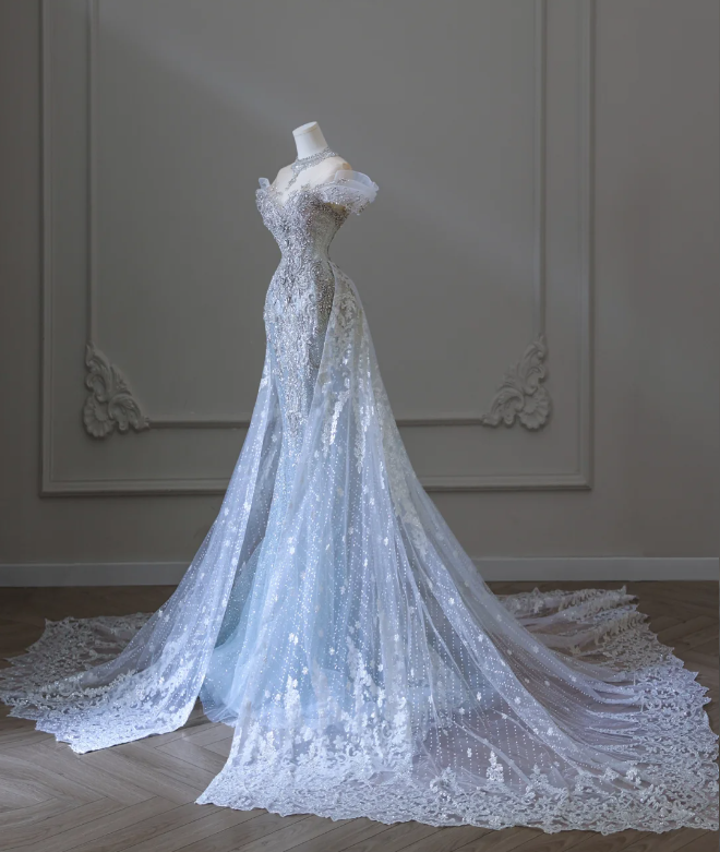 Shiny Blue Mermaid Rhinestone Lace Tulle Wedding Dress with Train
