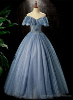 Shiny Blue Off Shoulder Beaded Long Party Dress, Blue A-line Prom Dress