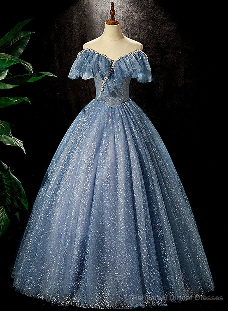 Shiny Blue Off Shoulder Beaded Long Party Dress, Blue A-line Prom Dress