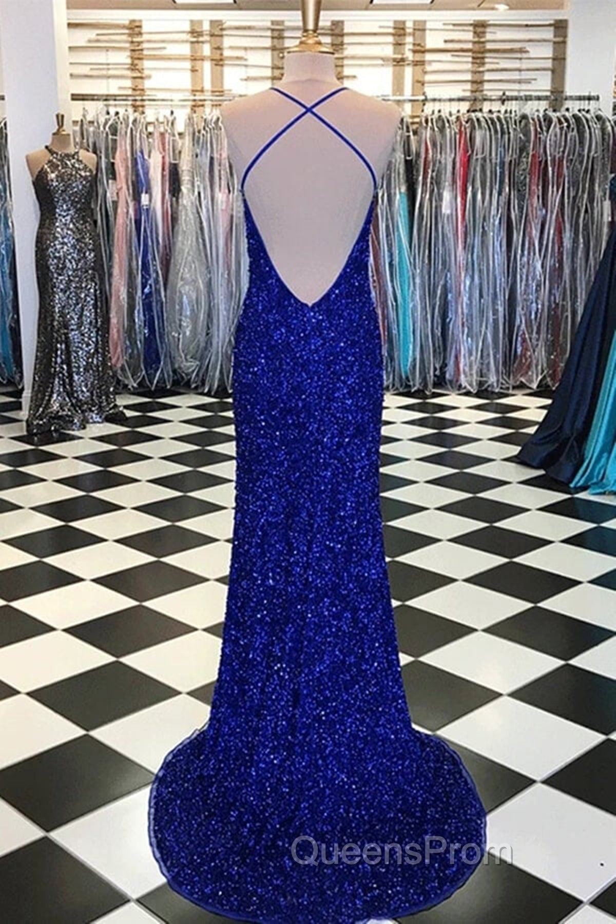 Shiny Blue Sequins Mermaid Backless Long Evening Prom Dress with High Slit, Mermaid Blue Formal Dress, Blue Evening Dress Secondary image