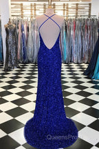 Shiny Blue Sequins Mermaid Backless Long Evening Prom Dress with High Slit, Mermaid Blue Formal Dress, Blue Evening Dress