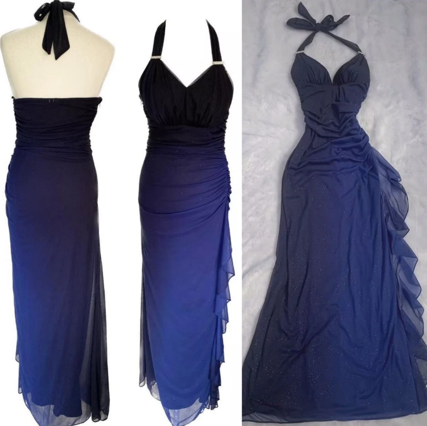 Shiny Chiffon Halter Sheath Classy Prom Dress For Party&Birthday Elegant Blue Classy Evening Gowns