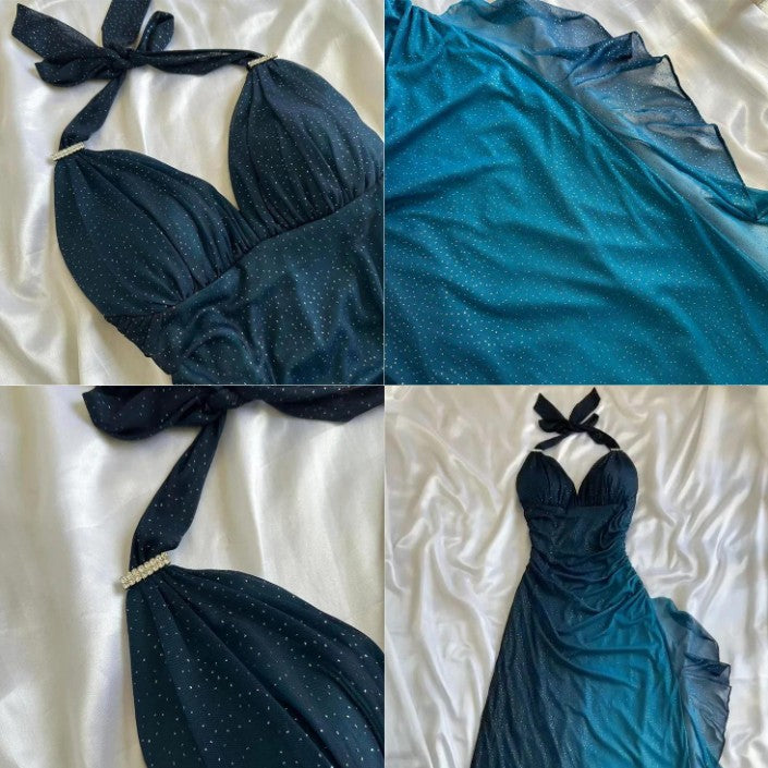 Shiny Chiffon Halter Sheath Classy Prom Dress For Party&Birthday Elegant Blue Classy Evening Gowns